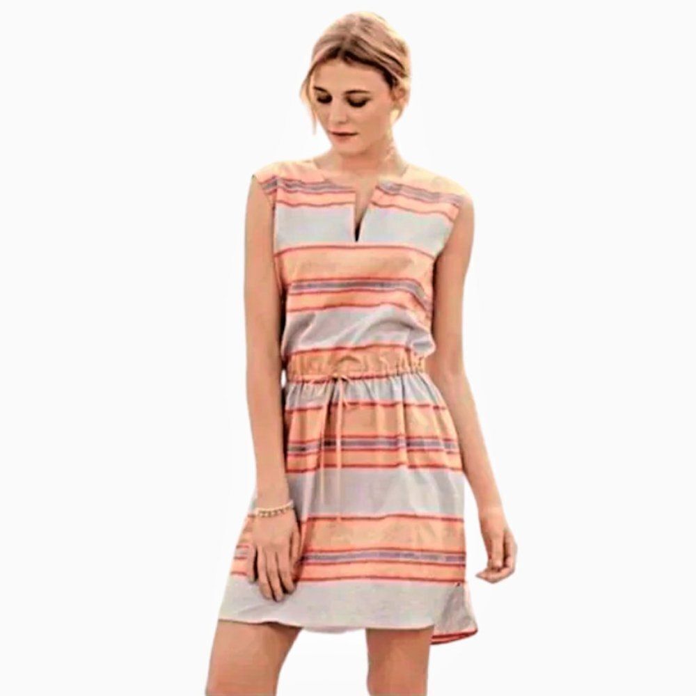 Sleeveless Dress Multicolorโ Stripe High Low Hem Drawstring Waist Womenโs Szโ6P